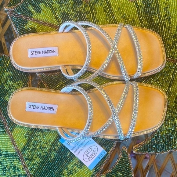 Brand New Steve Madden Glass Beaded Bling Multi Strap Slides  Slip On Sandals - Picture 7 of 15